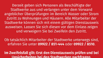 Stadtwerke Zwiesel warnen vor falschen Mitarbeitern